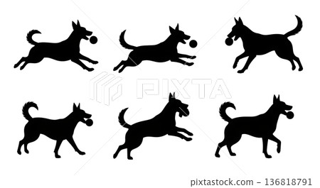 Black Solid Dog Ball Game Silhouettes Set of Six on White Background 136818791