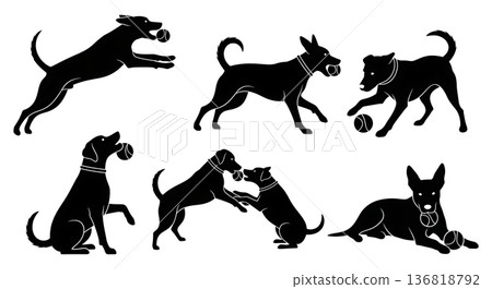 Black Solid Dog Ball Interaction Silhouettes Set of Six on White Background 136818792