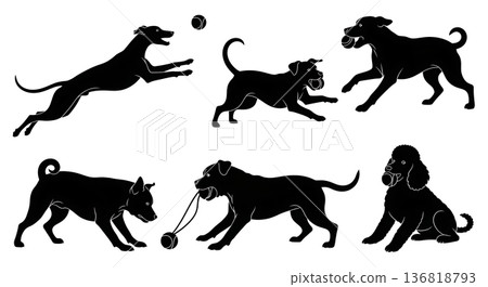 Black Solid Dog Ball Play Stages Silhouettes Set of Six on White Background 136818793