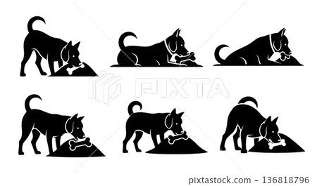 Black Solid Dog Burying Bone Silhouettes Set of Six on White Background 136818796
