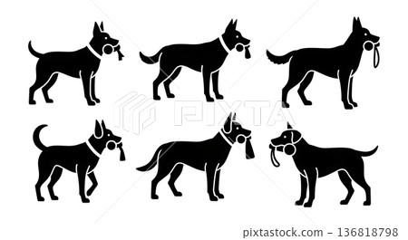 Black Solid Dog Carrying Object Silhouettes Set of Six on White Background 136818798