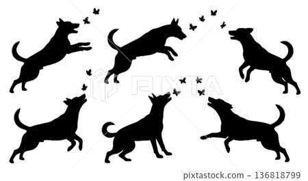Black Solid Dog Chasing Butterflies Silhouettes Set of Six on White Background 136818799