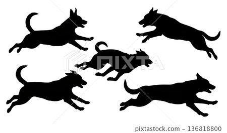 Black Solid Dog Chasing Play Silhouettes Set of Six on White Background 136818800