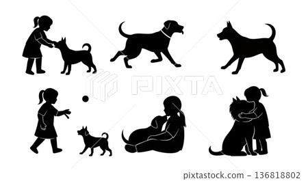 Black Solid Dog Child Interaction Silhouettes Set of Six on White Background 136818802