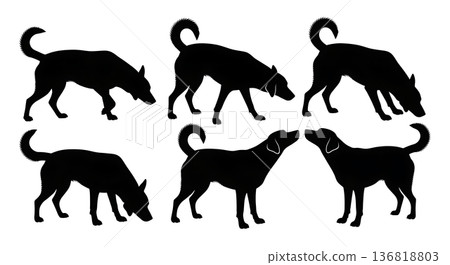 Black Solid Dog Curious Sniffing Silhouettes Set of Six on White Background 136818803