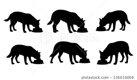 Black Solid Dog Eating Bowl Silhouettes Set of Six on White Background Black Solid Dog Eating Bowl Silhouettes Set of Six on White Background 136818808