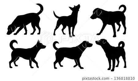 Black Solid Dog Exploring Silhouettes Set of Six on White Background Black Solid Dog Exploring Silhouettes Set of Six on White Background 136818810