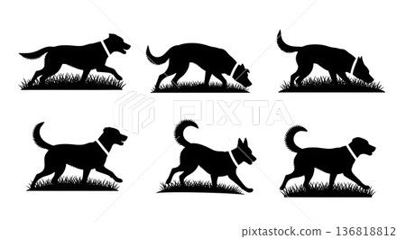 Black Solid Dog Forest Explore Silhouettes Set of Six on White Background Black Solid Dog Forest Explore Silhouettes Set of Six on White Background 136818812