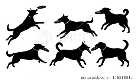 Black Solid Dog Frisbee Fetch Silhouettes Set of Six on White Background 136818813