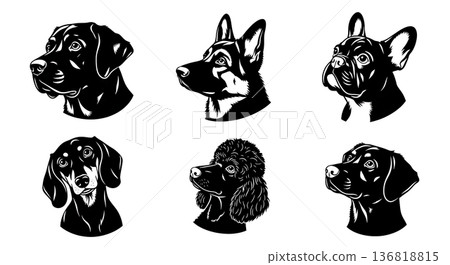 Black Solid Dog Head Tilt Silhouettes Set of Six on White Background Black Solid Dog Head Tilt Silhouettes Set of Six on White Background 136818815