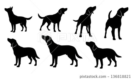 Black Solid Dog Keen Sniffing Silhouettes Set of Six on White Background 136818821