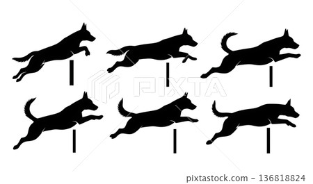 Black Solid Dog Low Barrier Jump Silhouettes Set of Six on White Background Black Solid Dog Low Barrier Jump Silhouettes Set of Six on White Background 136818824