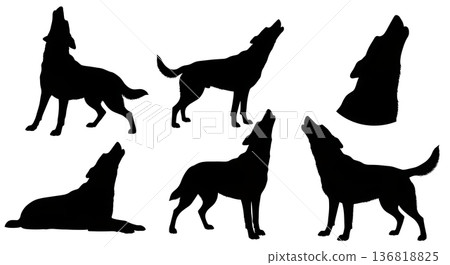 Black Solid Dog Moon Howl Silhouettes Set of Six on White Background Black Solid Dog Moon Howl Silhouettes Set of Six on White Background 136818825
