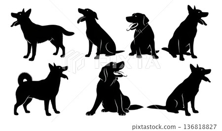 Black Solid Dog Mouth Open Actions Silhouettes Set of Six on White Background 136818827