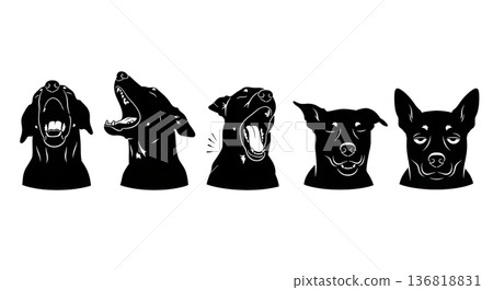 Black Solid Dog Open Mouth Poses Silhouettes Set of Six on White Background 136818831