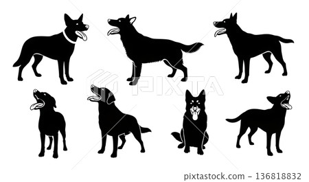 Black Solid Dog Mouth Open Variety Silhouettes Set of Six on White Background 136818832