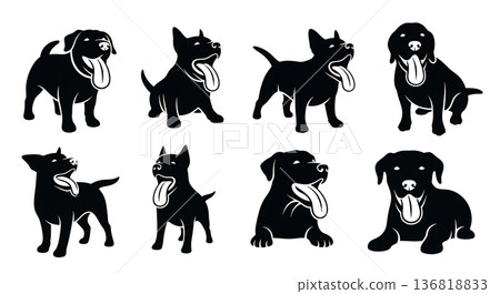 Black Solid Dog Panting Tongue Silhouettes Set of Six on White Background 136818833