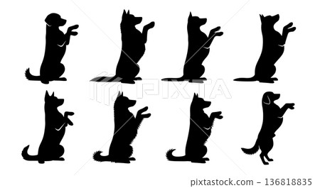Black Solid Dog Paws Up Silhouettes Set of Six on White Background Black Solid Dog Paws Up Silhouettes Set of Six on White Background 136818835