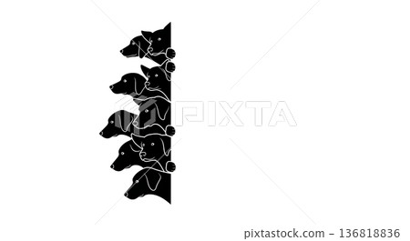 Black Solid Dog Peering Around Corner Silhouettes Set of Six on White Background 136818836