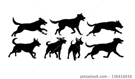 Black Solid Dog Playful Chase Silhouettes Set of Six on White Background Black Solid Dog Playful Chase Silhouettes Set of Six on White Background 136818838