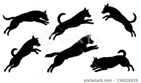 Black Solid Dog Playful Pounce Silhouettes Set of Six on White Background Black Solid Dog Playful Pounce Silhouettes Set of Six on White Background 136818839