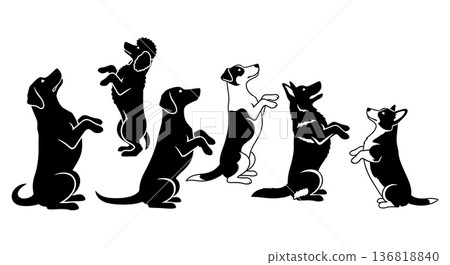 Black Solid Dog Pleading Beg Silhouettes Set of Six on White Background Black Solid Dog Pleading Beg Silhouettes Set of Six on White Background 136818840