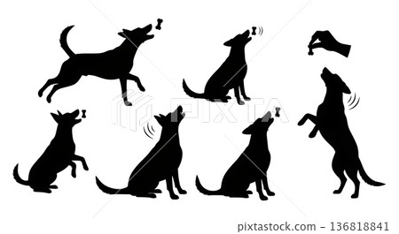Black Solid Dog Receiving Treat Silhouettes Set of Six on White Background Black Solid Dog Receiving Treat Silhouettes Set of Six on White Background 136818841