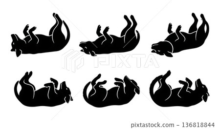 Black Solid Dog Rolling Over Silhouettes Set of Six on White Background Black Solid Dog Rolling Over Silhouettes Set of Six on White Background 136818844