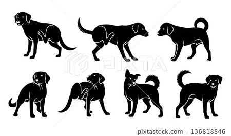 Black Solid Dog Scratching Self Silhouettes Set of Six on White Background Black Solid Dog Scratching Self Silhouettes Set of Six on White Background 136818846