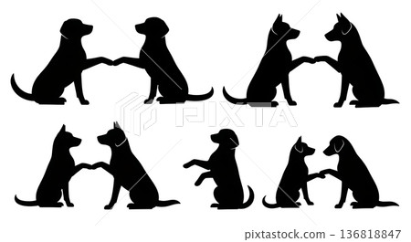 Black Solid Dog Shaking Paw Silhouettes Set of Six on White Background 136818847