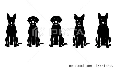 Black Solid Dog Sitting Patiently Silhouettes Set of Six on White Background Black Solid Dog Sitting Patiently Silhouettes Set of Six on White Background 136818849