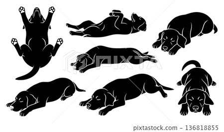Black Solid Dog Sunbathing Pose Silhouettes Set of Six on White Background 136818855