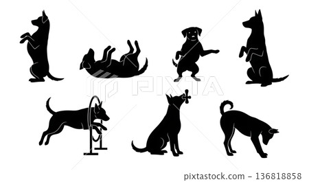 Black Solid Dog Trick Silhouettes Set of Six on White Background Black Solid Dog Trick Silhouettes Set of Six on White Background 136818858