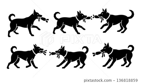 Black Solid Dog Tug-of-War Silhouettes Set of Six on White Background 136818859