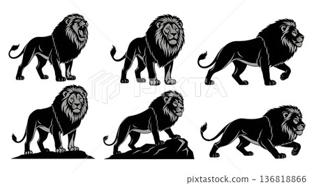 Black Solid Dominant Stance Lion Silhouettes Set of Six on White Background Black Solid Dominant Stance Lion Silhouettes Set of Six on White Background 136818866
