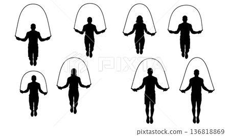 Black Solid Double and Triple Under Jump Rope Silhouettes Set of Six on White Background Black Solid Double and Triple Under Jump Rope Silhouettes Set of Six on White Background 136818869