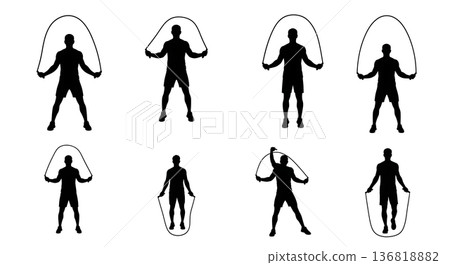Black Solid Dynamic Stretching Jump Rope Silhouettes Set of Six on White Background 136818882