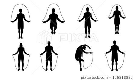 Black Solid Dynamic Warm Up and Cool Down Jump Rope Silhouettes Set of Six on White Background 136818883