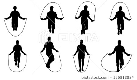 Black Solid Dynamic Warm Up Jump Rope Silhouettes Set of Six on White Background 136818884