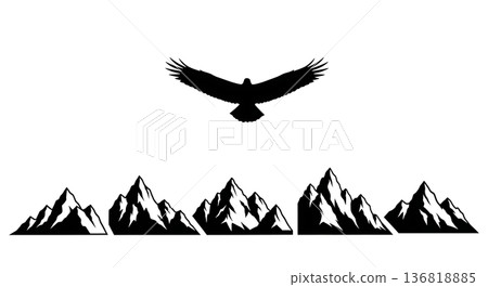 Black Solid Eagle Mountain Silhouettes Set of Six on White Background 136818885