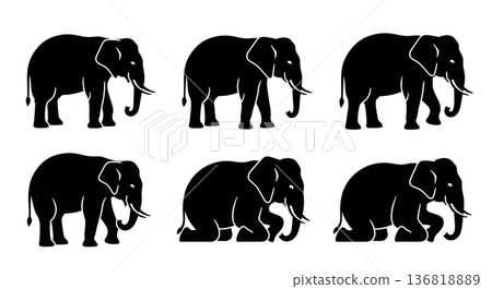 Black Solid Elephant Bending Knees Silhouettes Set of Six on White Background Black Solid Elephant Bending Knees Silhouettes Set of Six on White Background 136818889