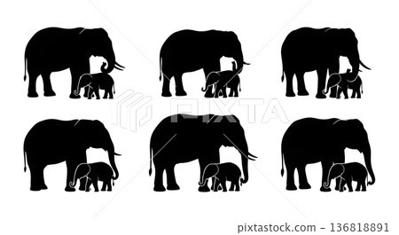Black Solid Elephant Calf Nestled Silhouettes Set of Six on White Background Black Solid Elephant Calf Nestled Silhouettes Set of Six on White Background 136818891