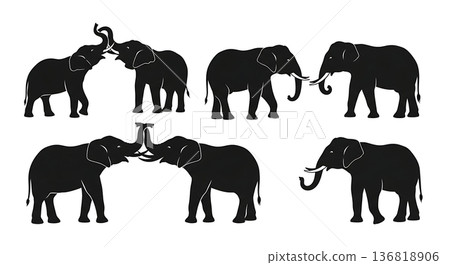 Black Solid Elephant Friendly Duo Silhouettes Set of Six on White Background 136818906