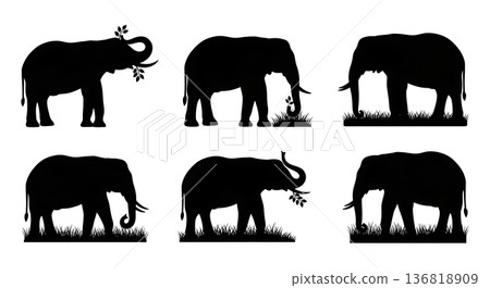Black Solid Elephant Grazing Silhouettes Set of Six on White Background 136818909