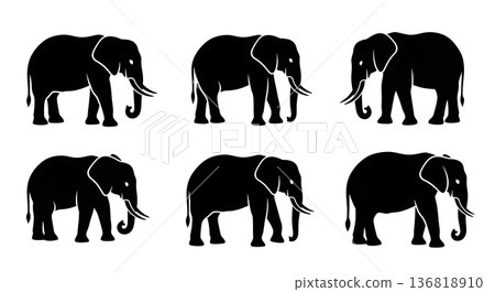 Black Solid Elephant Head Down Silhouettes Set of Six on White Background 136818910