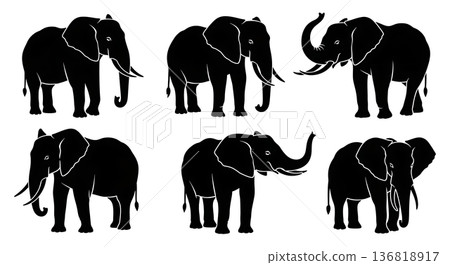Black Solid Elephant Large Ears Silhouettes Set of Six on White Background Black Solid Elephant Large Ears Silhouettes Set of Six on White Background 136818917