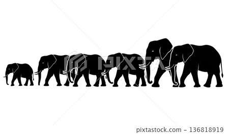 Black Solid Elephant Line Formation Silhouettes Set of Six on White Background 136818919