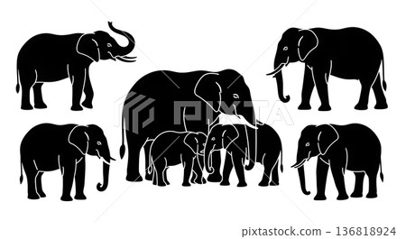 Black Solid Elephant Mother Calf Protection Silhouettes Set of Six on White Background Black Solid Elephant Mother Calf Protection Silhouettes Set of Six on White Background 136818924