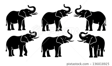 Black Solid Elephant Mouth Open Silhouettes Set of Six on White Background Black Solid Elephant Mouth Open Silhouettes Set of Six on White Background 136818925
