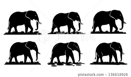 Black Solid Elephant Mud Crossing Silhouettes Set of Six on White Background 136818926